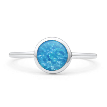 Oxidized Statement Fashion Round Petite Dainty Thumb Ring Lab Created Blue Opal 925 Sterling Silver